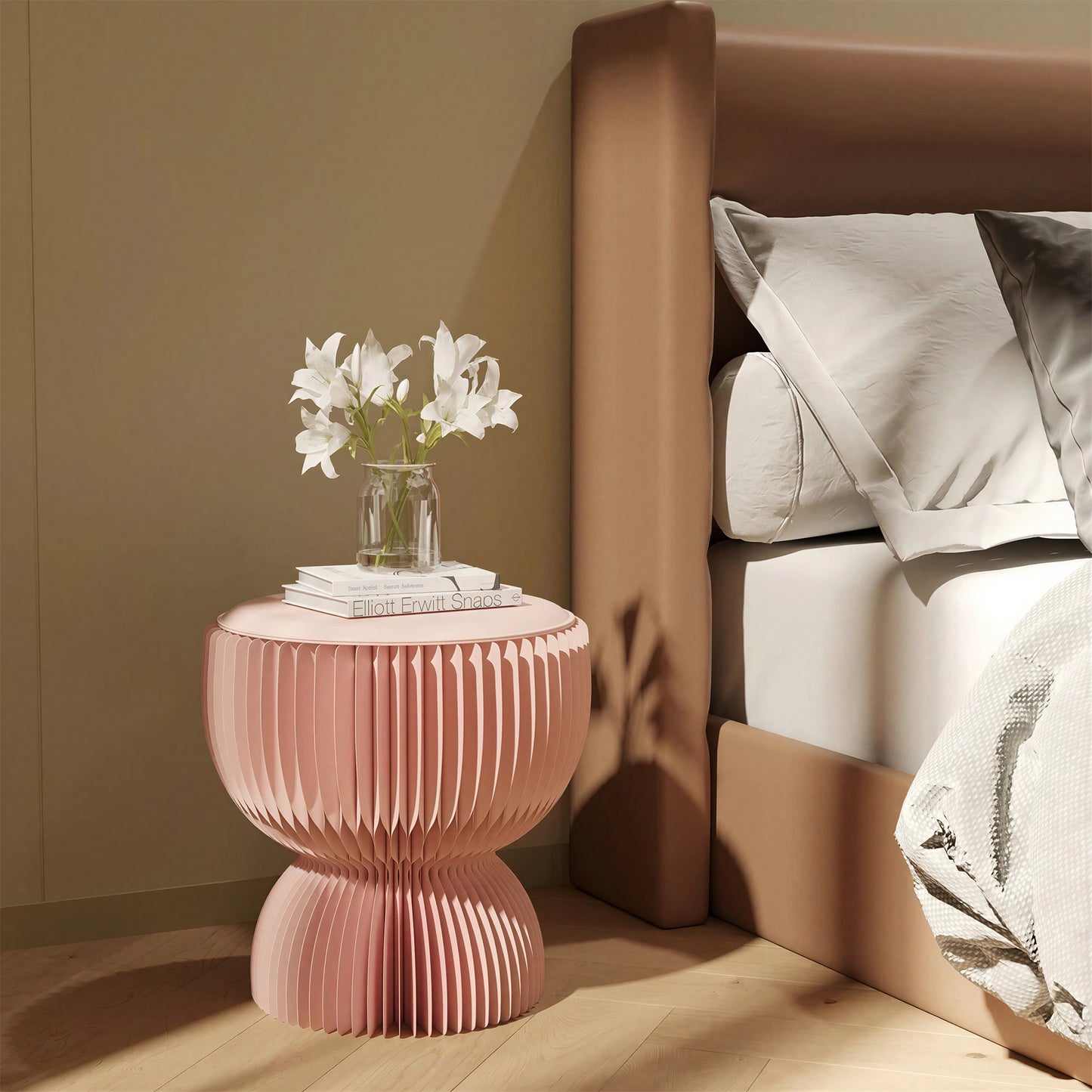 Folded Hourglass Honeycomb Paper Table for compact storage and shipping