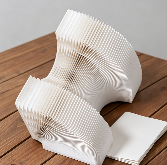 Foldable paper stool showing its flexible accordion structure