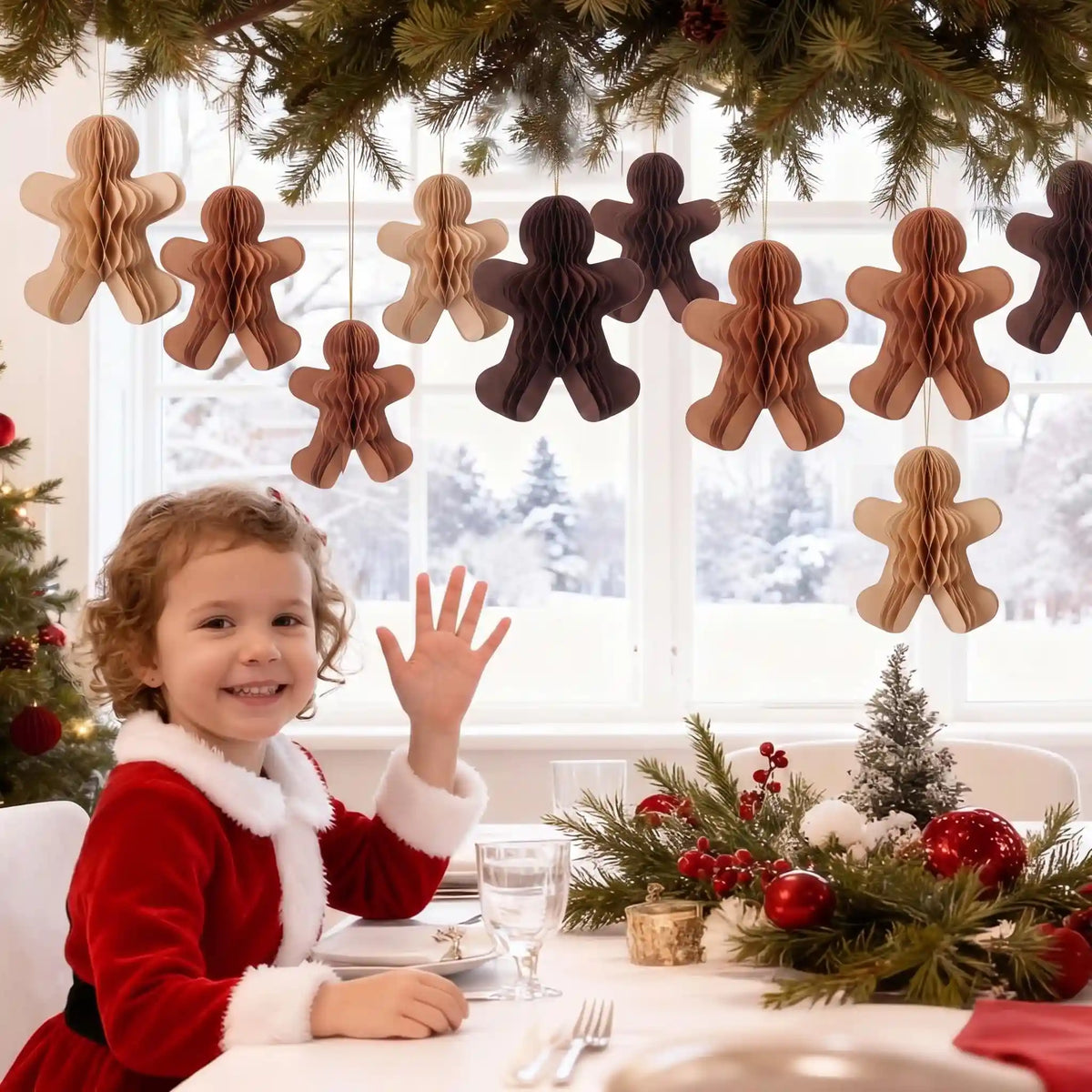 Honeycomb Paper Gingerbread Ornaments in a modern living room