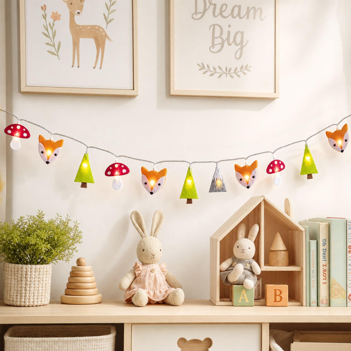 Folded Woodland Felt Character String Lights for compact storage and shipping