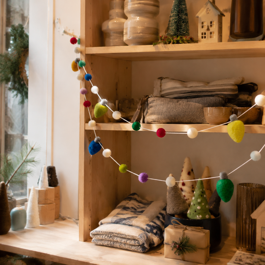 Colorful Felt Bulb String Lights with White Wire showing its structure