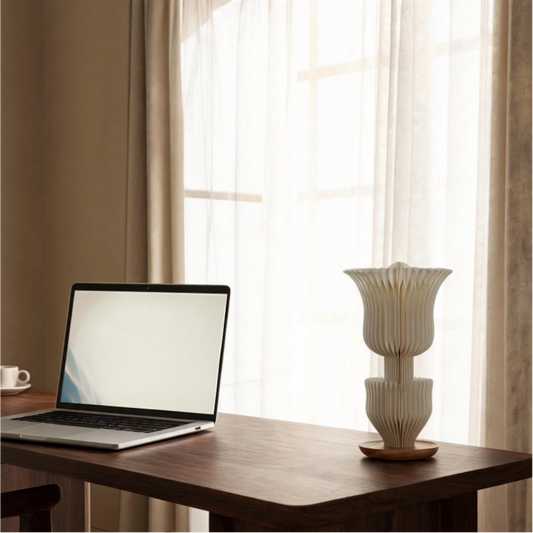 Cream Double Tulip Accordion Paper Table Lamp showing its structure