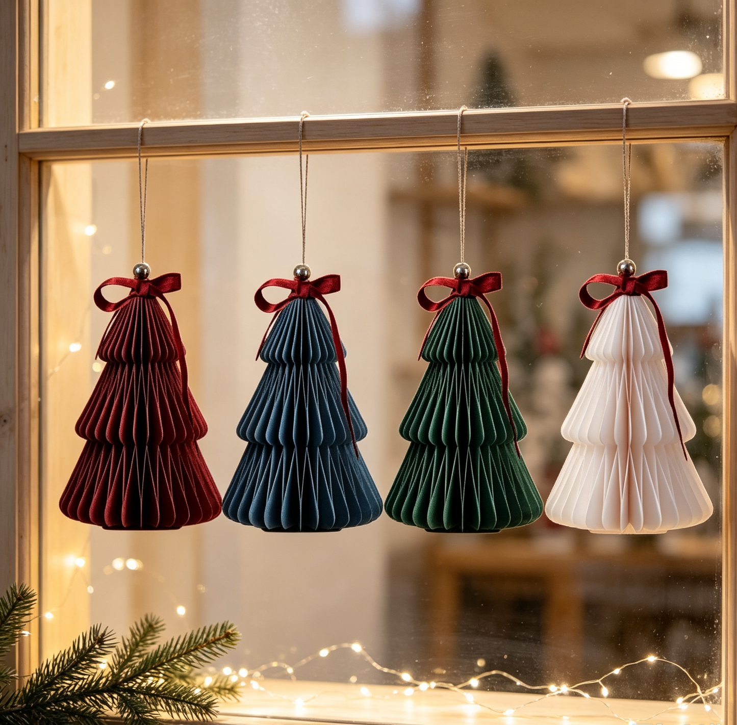 Folded Multicolor Honeycomb Paper Christmas Tree Ornament Set for compact storage and shipping