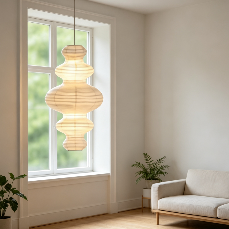 Folded Gourd-Shaped Rice Paper Pendant Lampshade for compact storage and shipping