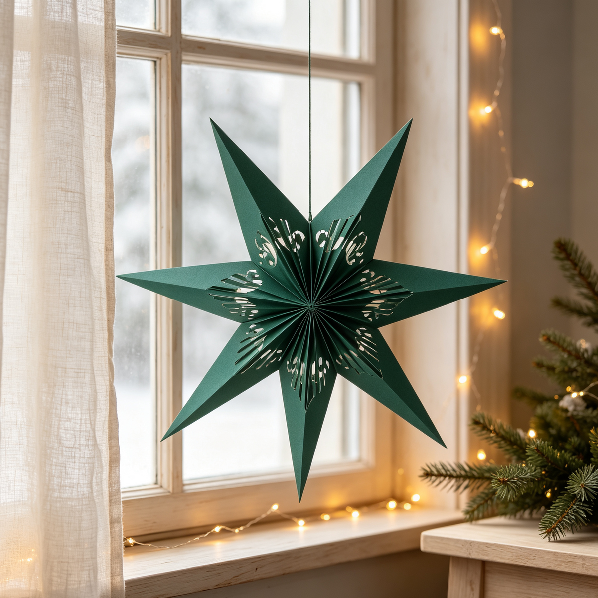 Folded 3D Cutout Paper Christmas Star Ornament for compact storage and shipping