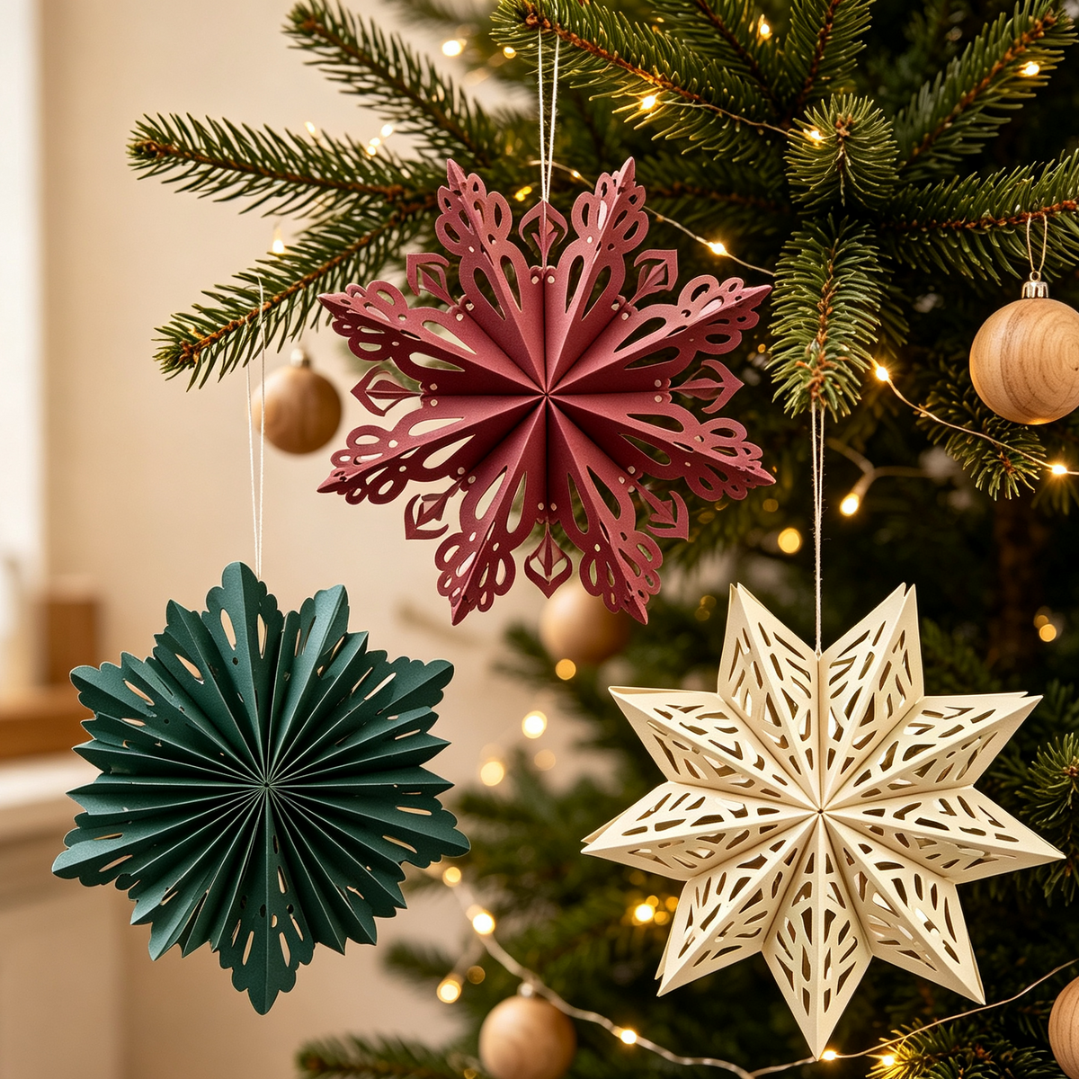 Folded Foldable Paper Snowflake Christmas Ornament Set for compact storage and shipping