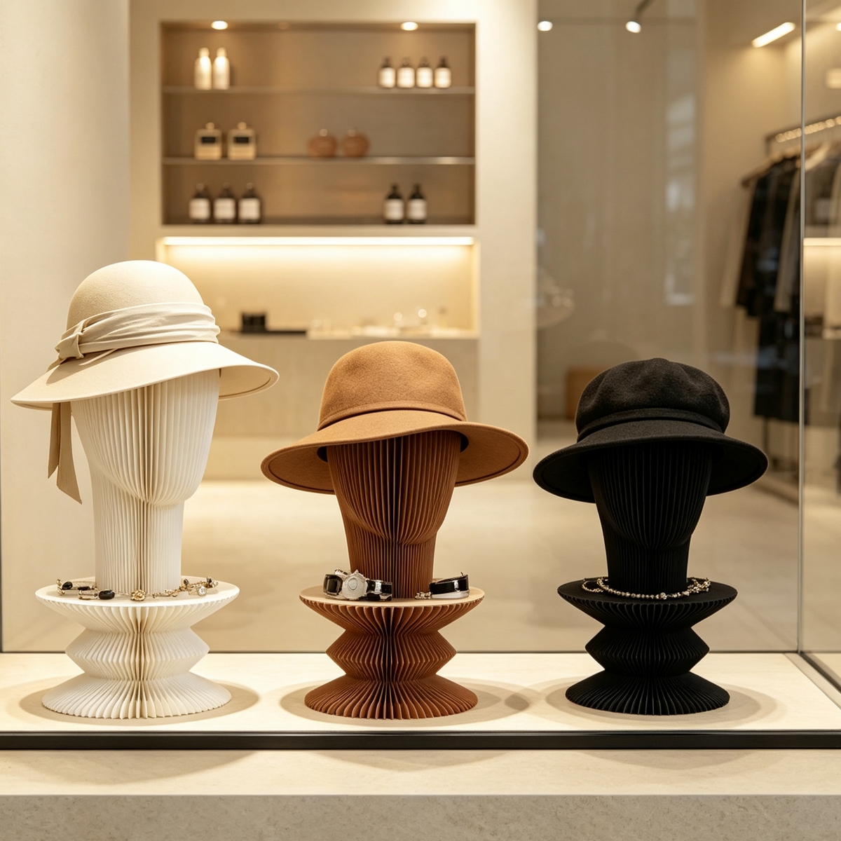 Honeycomb Paper Hat Display Stand in a modern living room setting with natural light