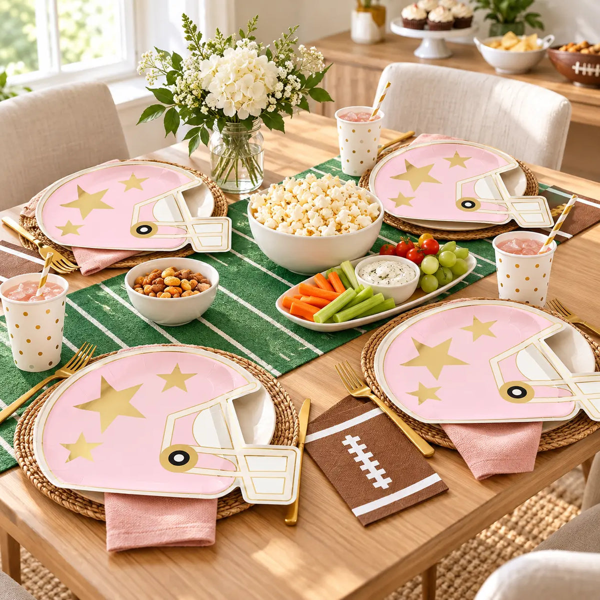 Folded Pink American Football Helmet Paper Plates 8 Pack for compact storage and shipping