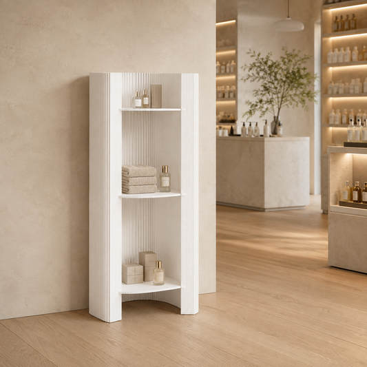 Custom Slim Three-Tier Paper Display Shelf showing its structure