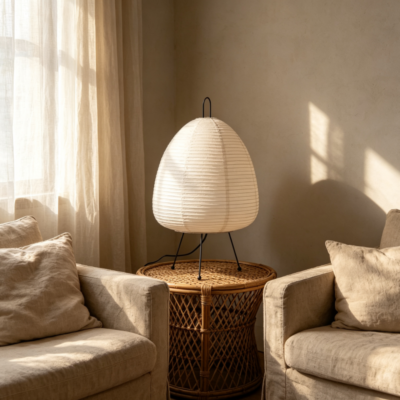 Egg-Shaped Rice Paper Table Lamp with Metal Tripod Stand in a modern living room
