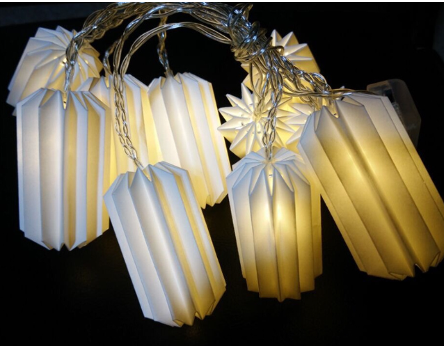Warm white origami paper string lights with geometric folded covers