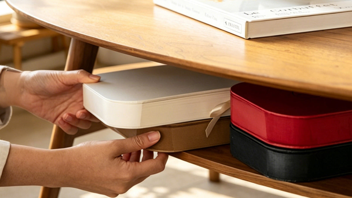 Hands demonstrating compact flat-pack storage of foldable paper stool