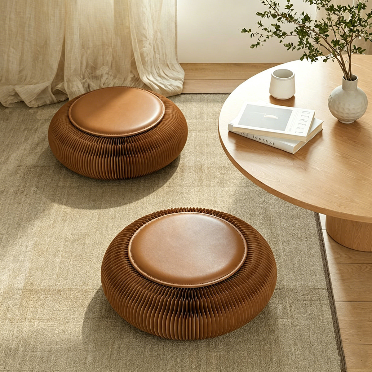 Round paper footstools in a modern living room