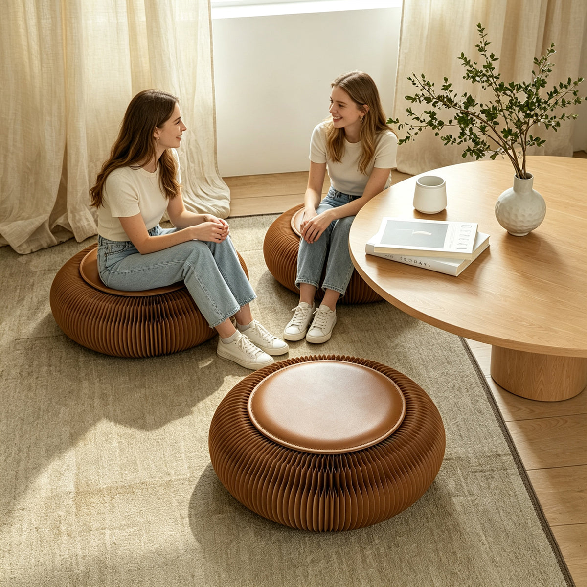 Woman using an origami paper footstool at home