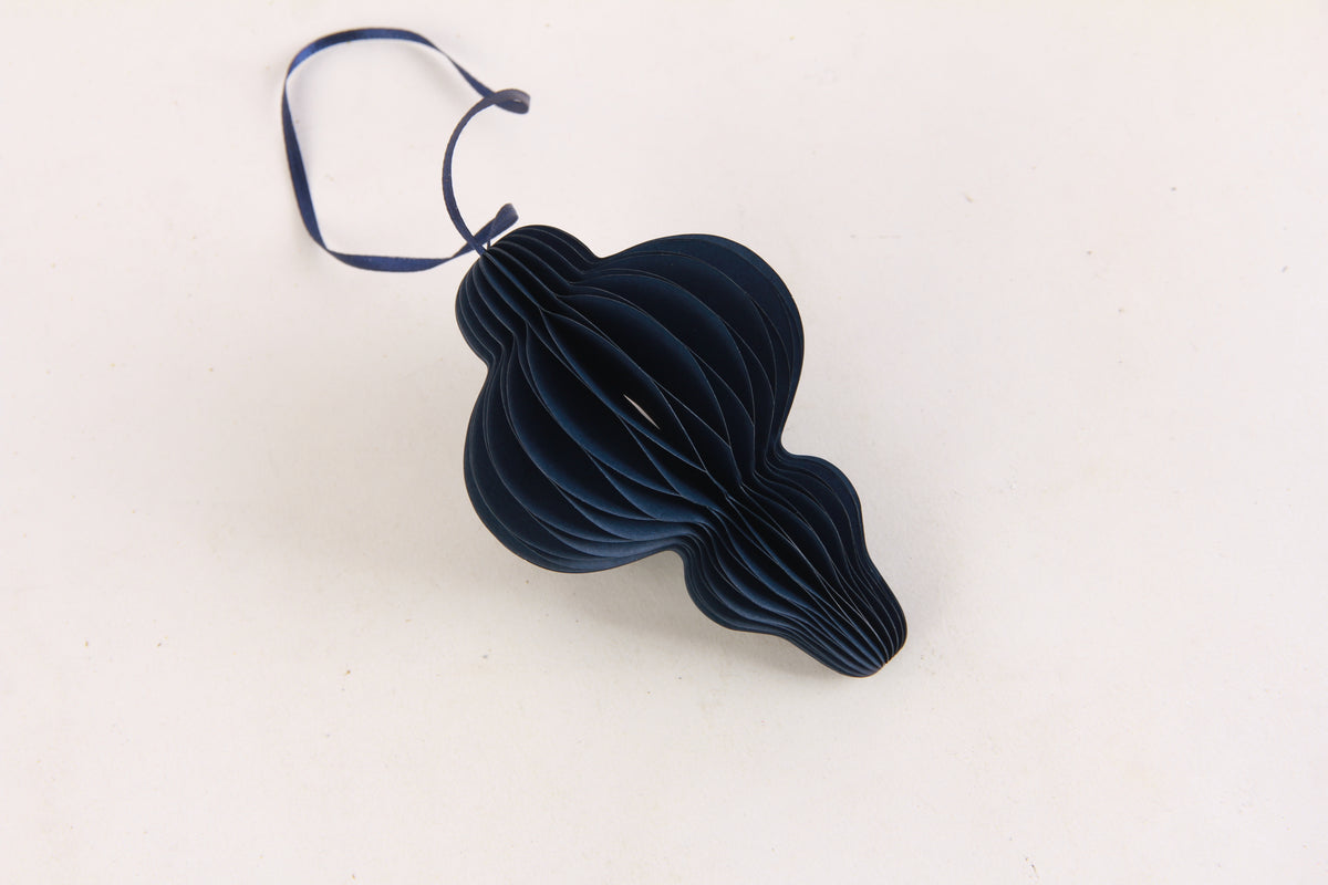 Dark blue honeycomb paper hanging Christmas ornament with ribbon loop – eco-conscious alternative for B2B buyers