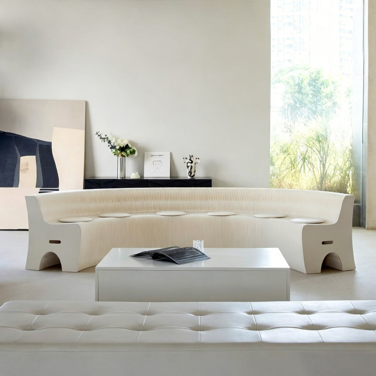 OEM ODM and private label support – modern white curved paper bench in contemporary interior