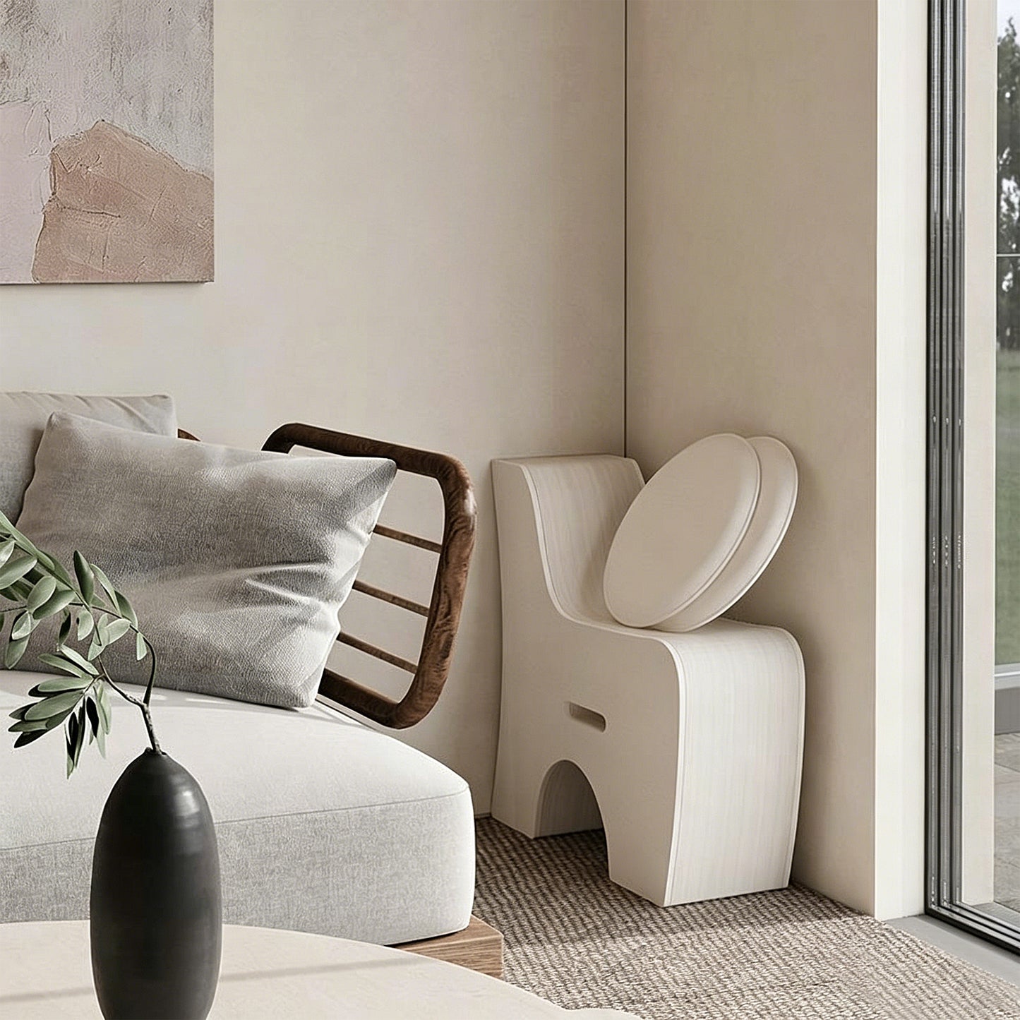 Curved Honeycomb Paper Bench in a modern living room setting with natural light