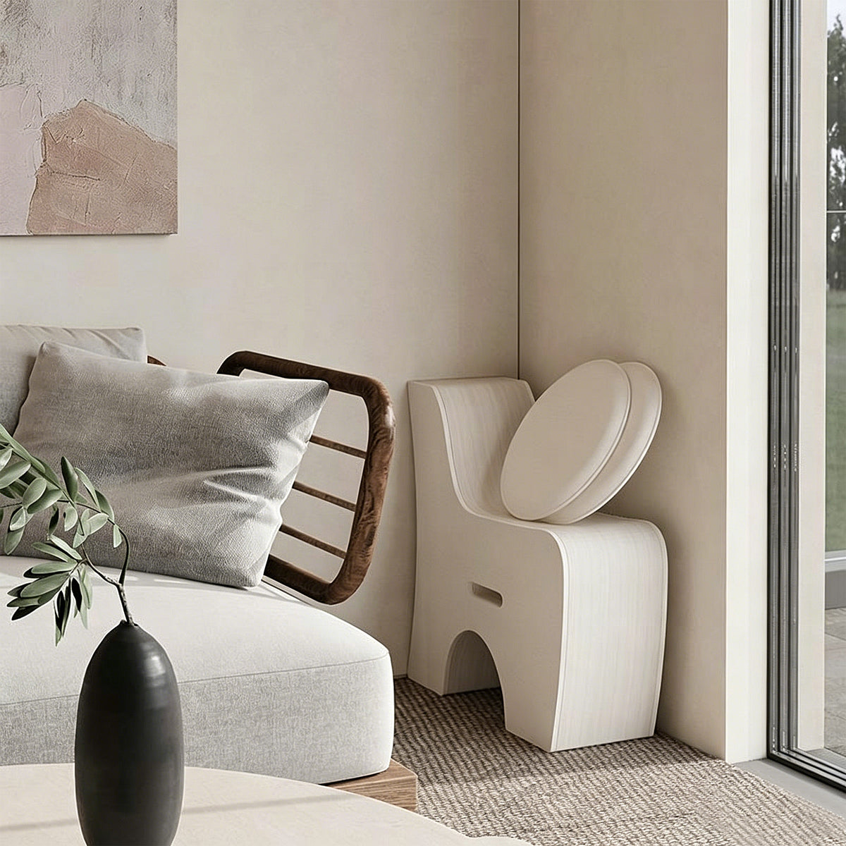 Curved Honeycomb Paper Bench in a modern living room setting with natural light