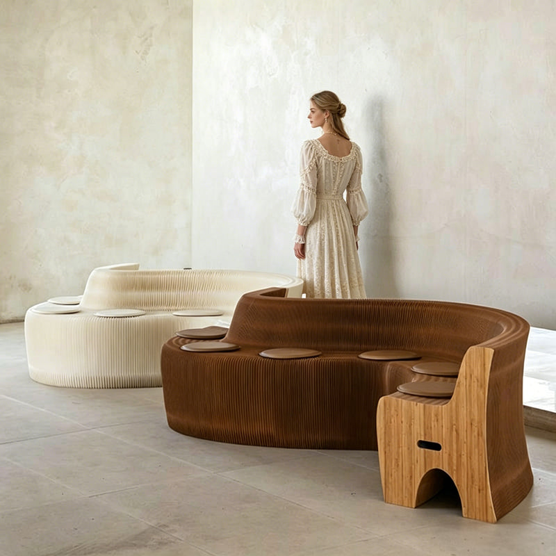 Woman standing beside modular curved paper bench seating arrangement – shape seating around the space