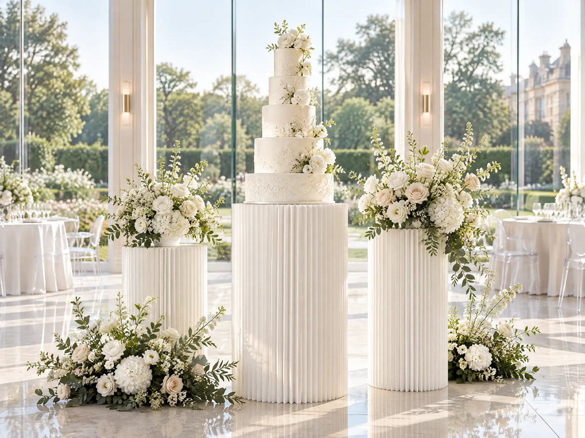 Paper plinths and pedestals for wedding cake and floral displays, custom colors