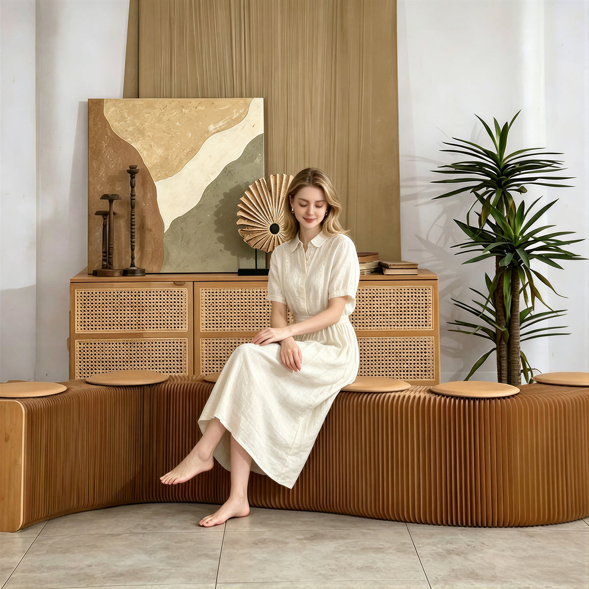 Modular Honeycomb Paper Bench in a modern living room setting with natural light