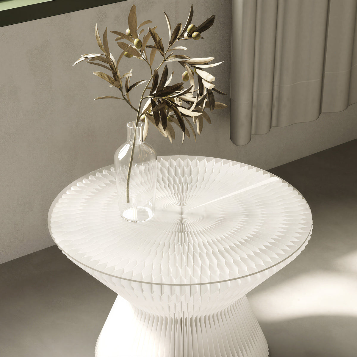 White honeycomb paper table base detail with glass vase – core benefits of foldable paper tables