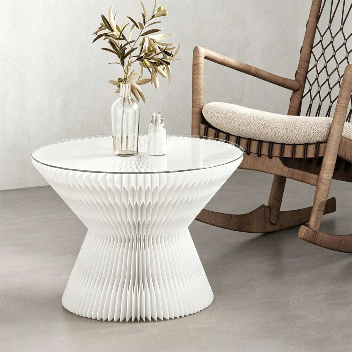 Honeycomb Paper Side Table in a modern living room setting with natural light