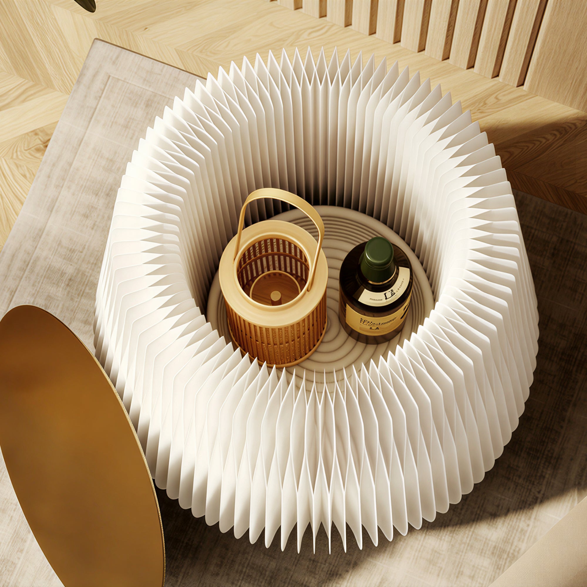 Table structure and surface development – white paper table with wooden trays and accessories