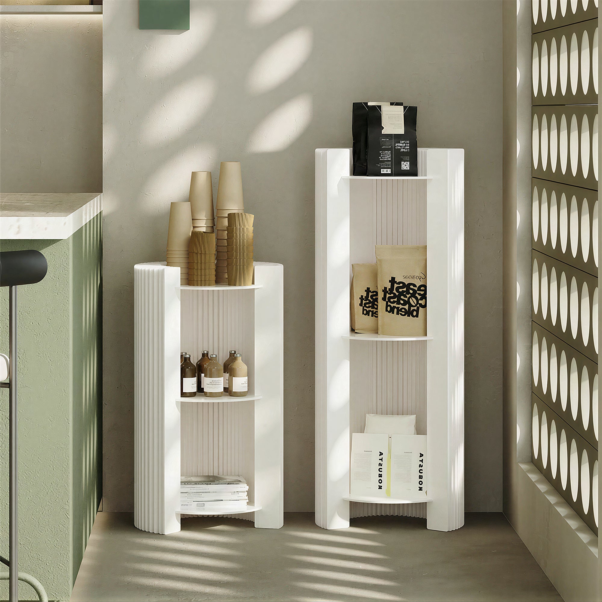 White paper display shelf holding stacked wooden cups and bottles – core benefits of foldable paper display shelves
