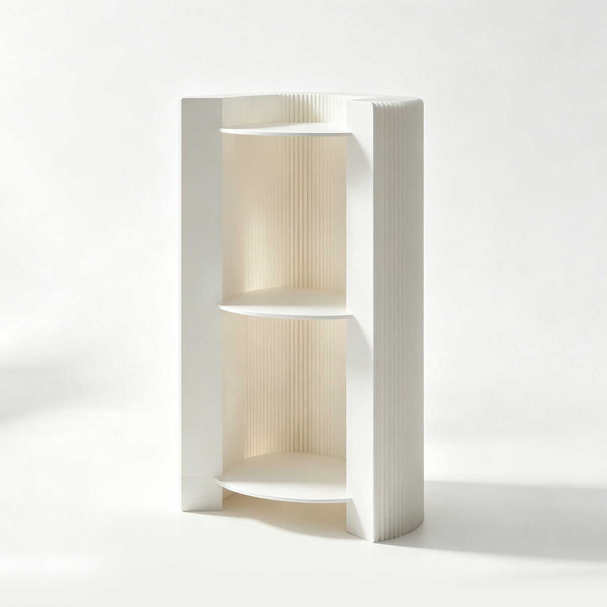 Tall white corrugated paper display shelf with three levels for adaptable retail merchandising