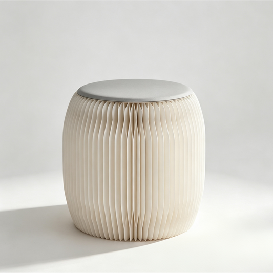White round foldable honeycomb paper stool on a neutral background