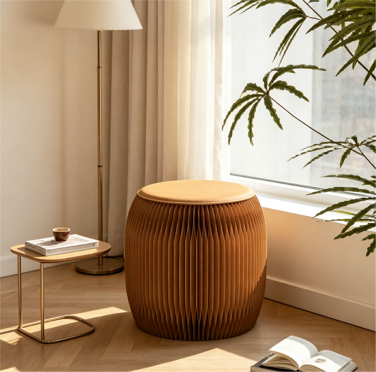 Brown honeycomb paper stool in a modern living room
