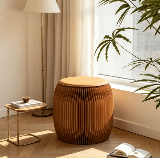 Brown honeycomb paper stool in a modern living room