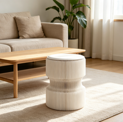 White accordion paper stool beside a modern living room sofa