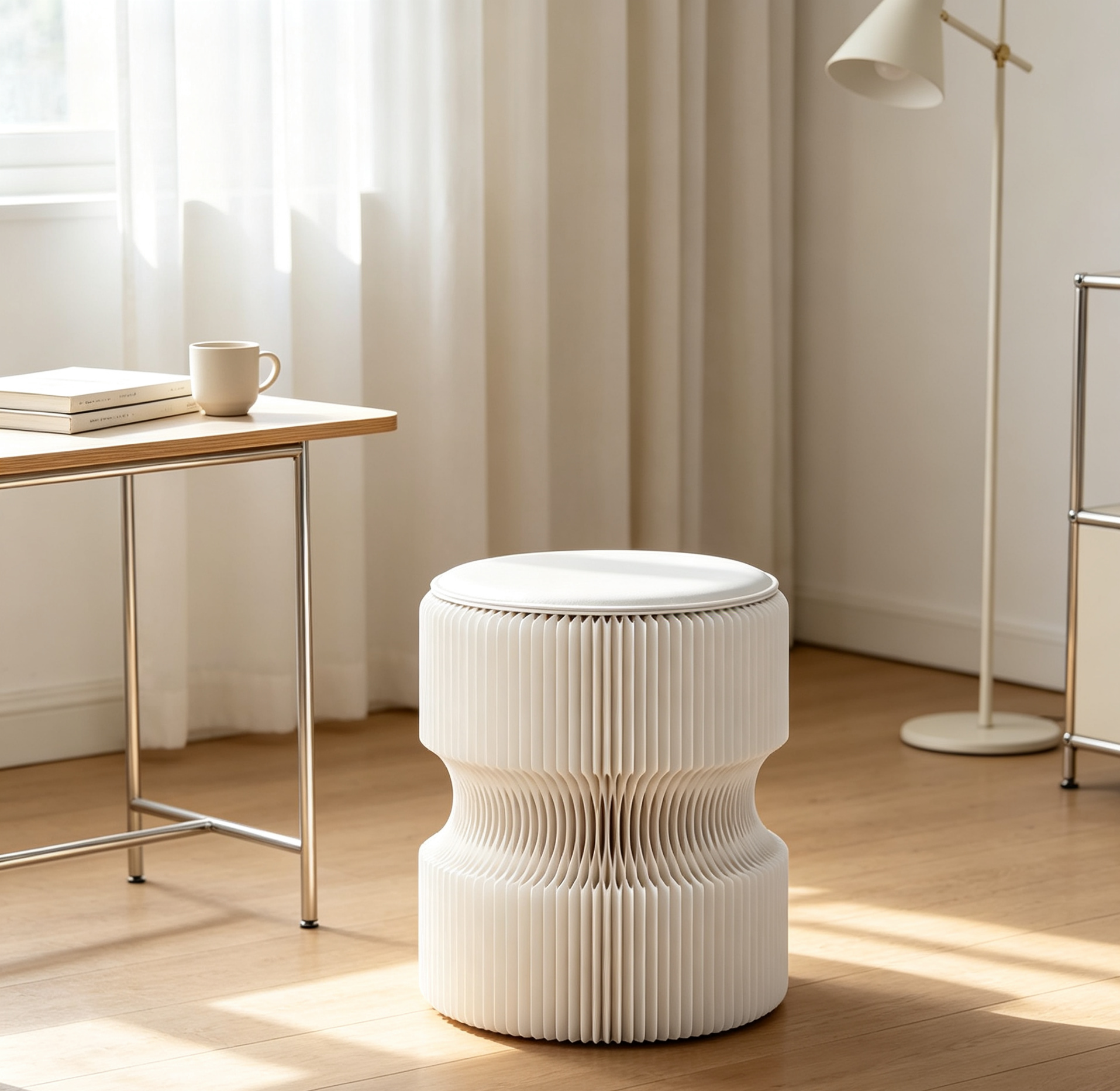 Sculptural paper stool in a minimalist commercial interior