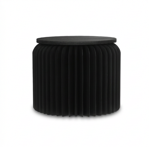 Black ribbed foldable paper stool on a white background