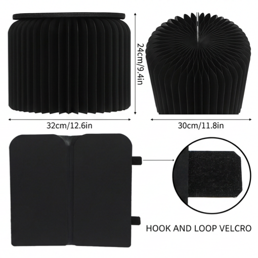 Foldable black paper stool showing compact and expanded forms