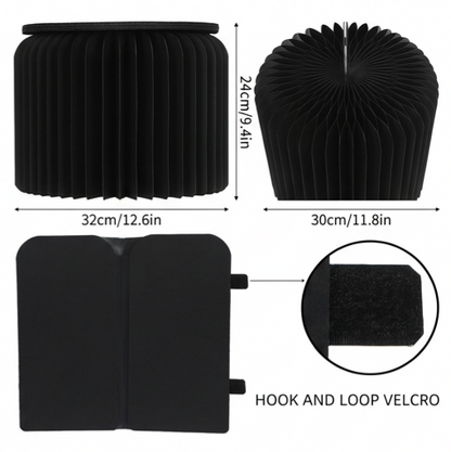 Foldable black paper stool showing compact and expanded forms