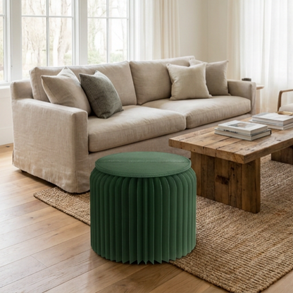Green ribbed paper stool in a modern living room