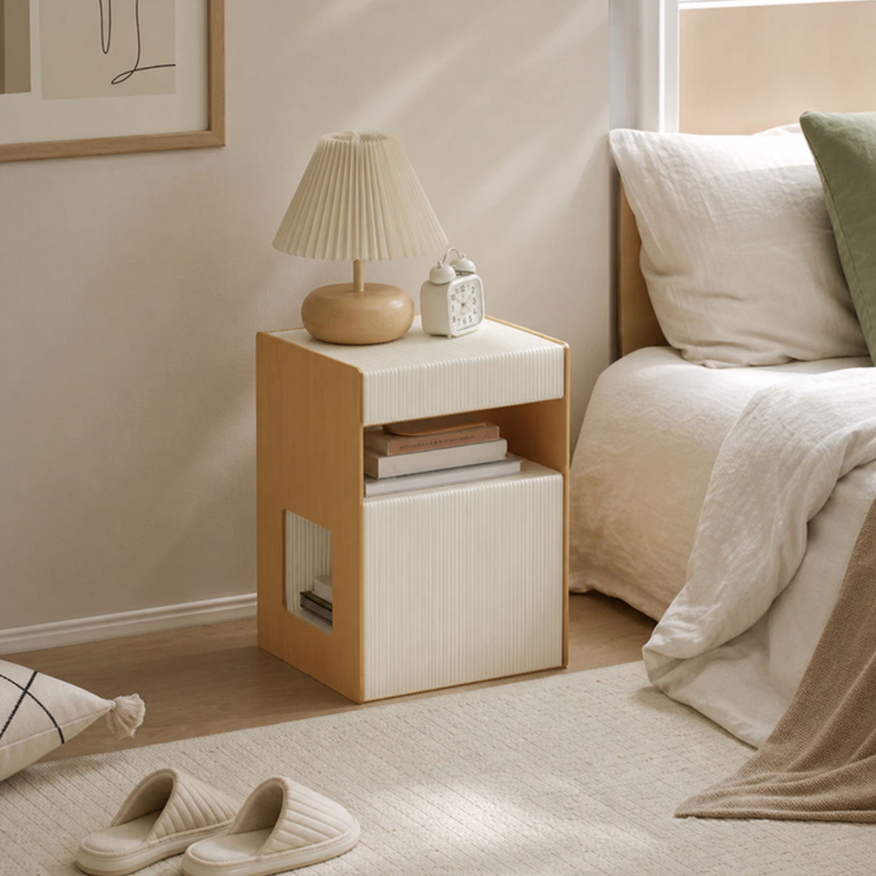 Folded Paper Side Table with Wooden Frame for compact storage and shipping