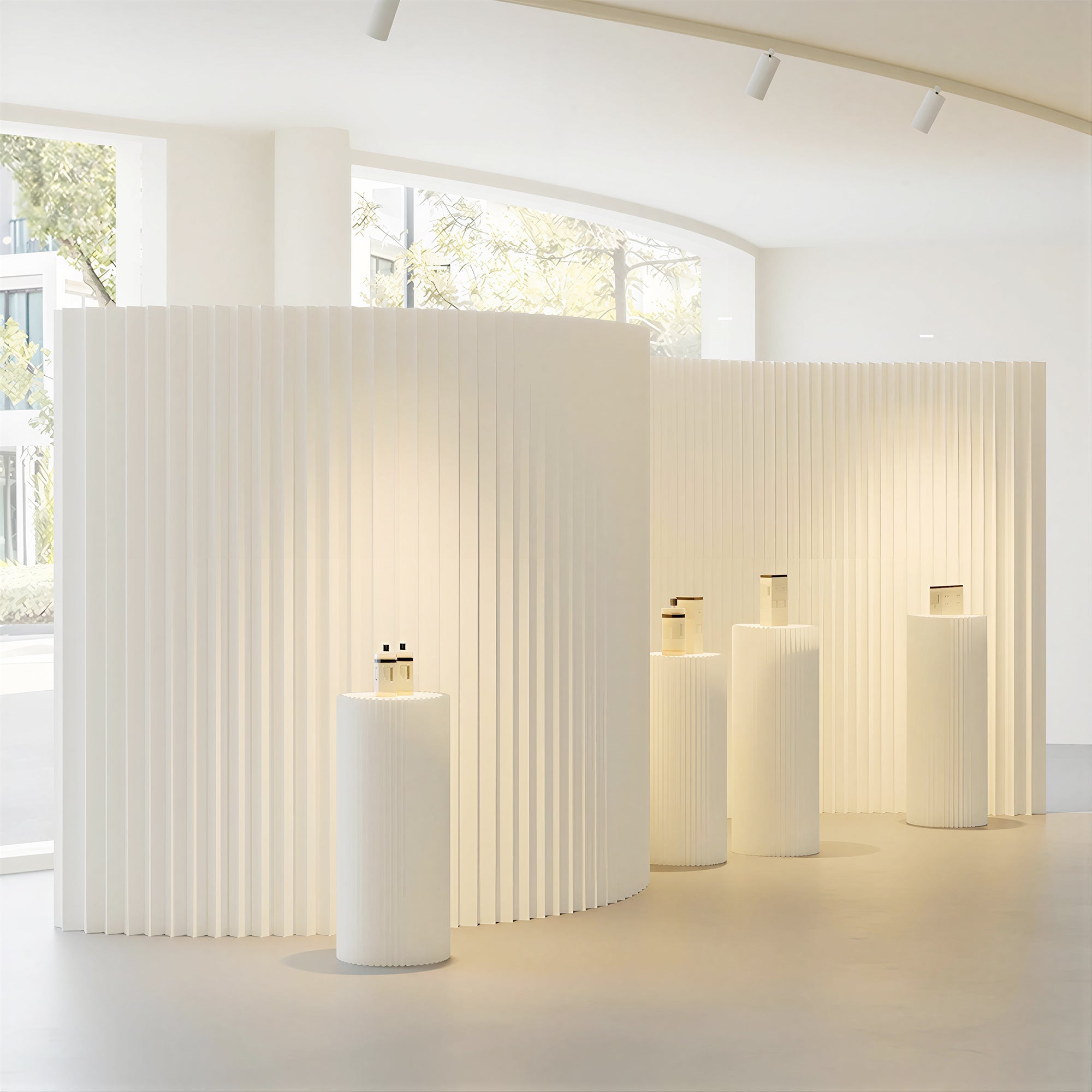 Coordinated furniture and lighting supply – paper stools benches and room dividers in modern interior
