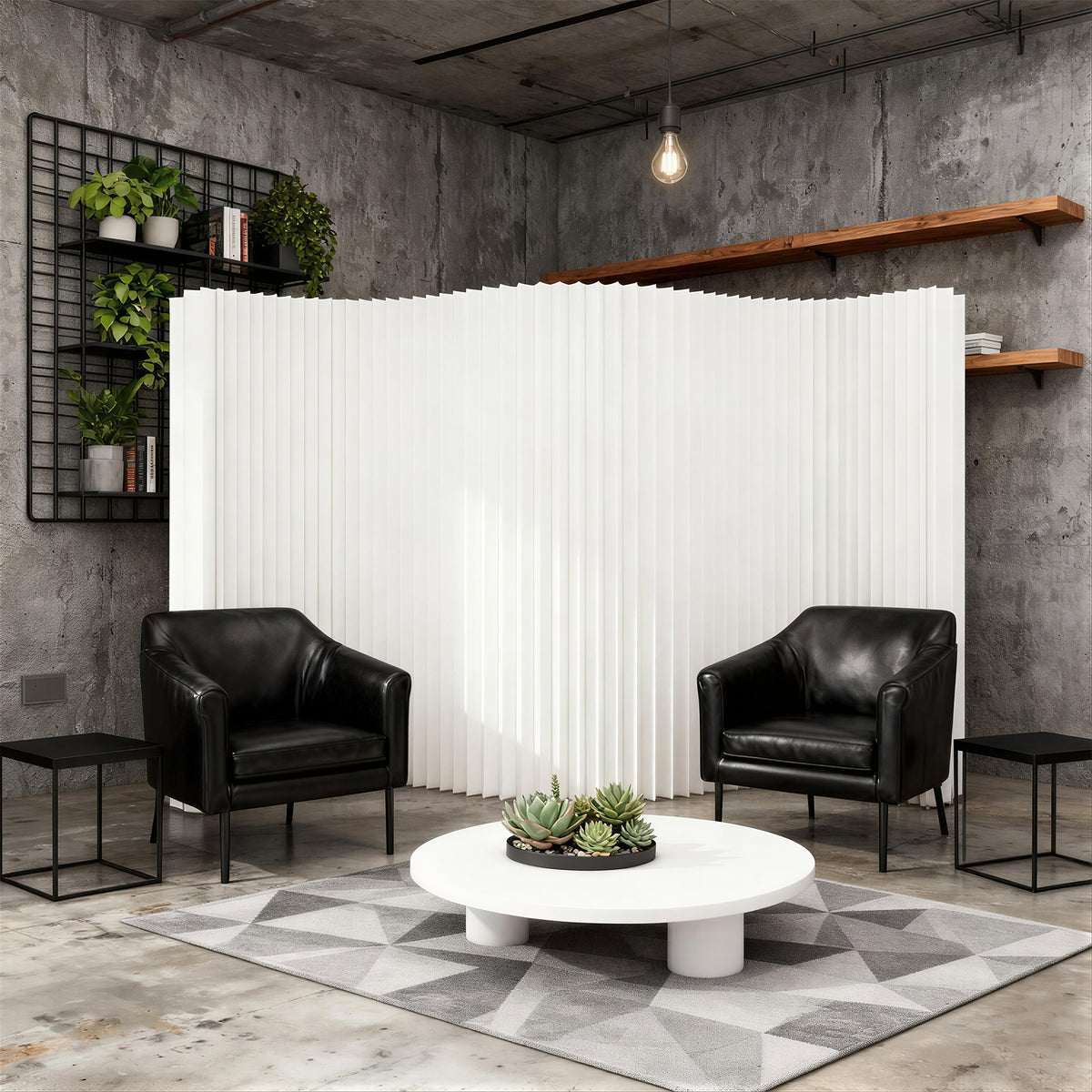 White expandable paper room divider creating a seating zone with black leather chairs in industrial concrete space