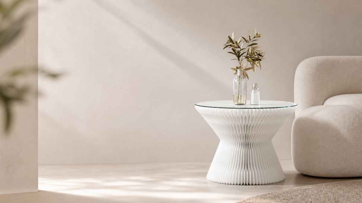 Custom foldable paper tables for modern flexible spaces – white honeycomb paper side table with glass top and decorative vases