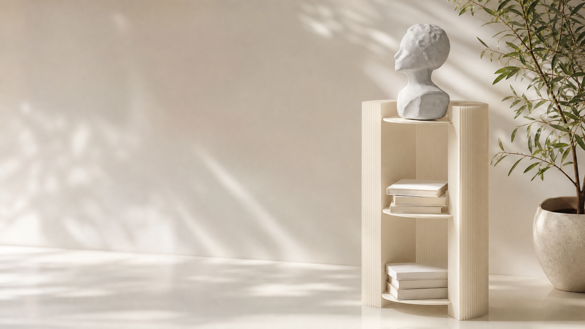 Custom paper display shelves for flexible retail and interior spaces – beige corrugated paper shelving unit with books and plant