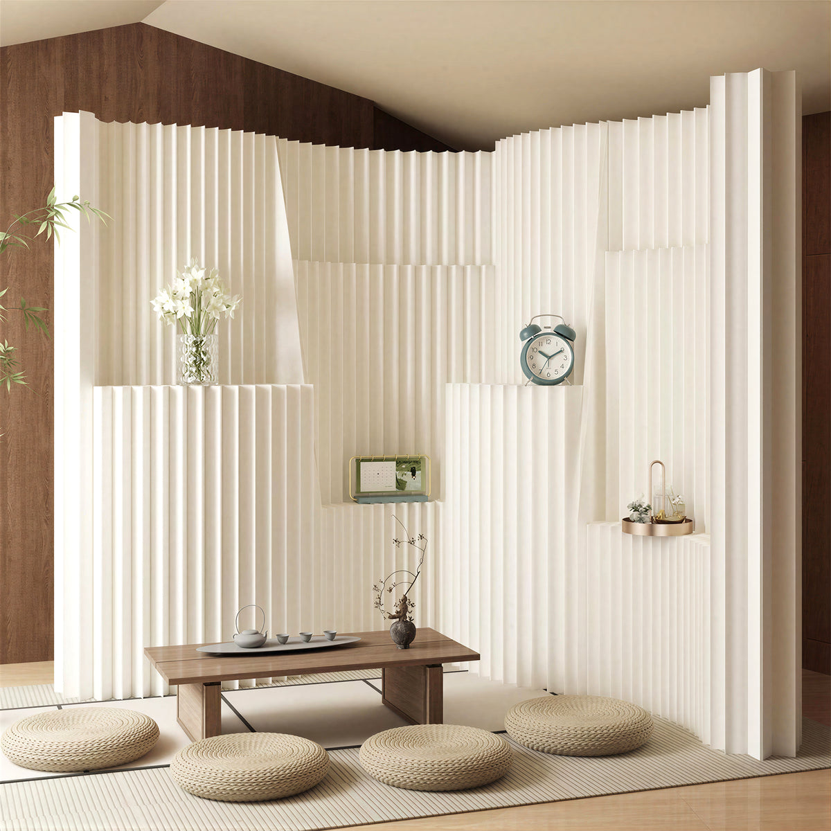 White paper room divider with blue alarm clock detail – core benefits of expandable honeycomb partitions