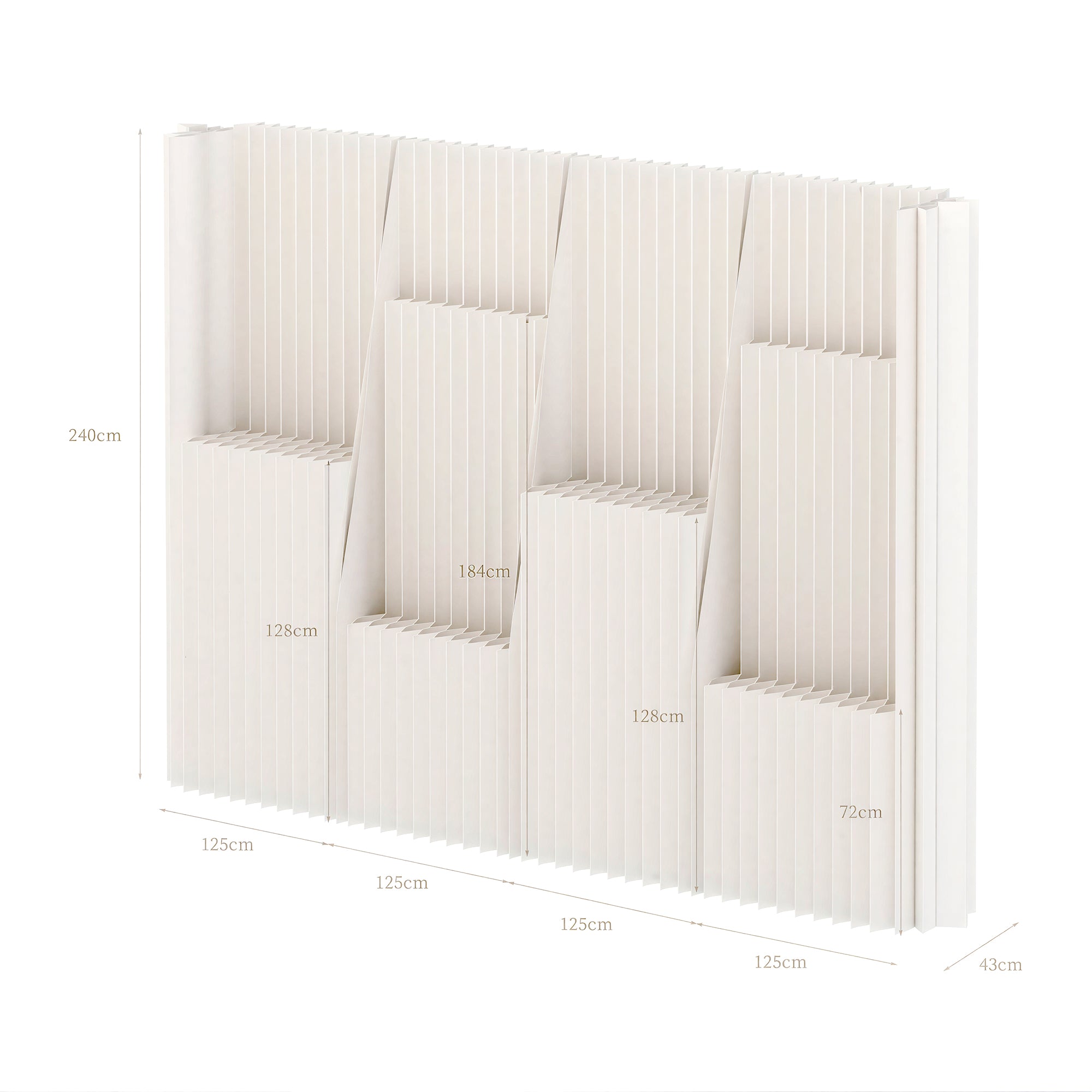 Folded Modular Paper Room Divider with Display Shelves for compact storage and shipping