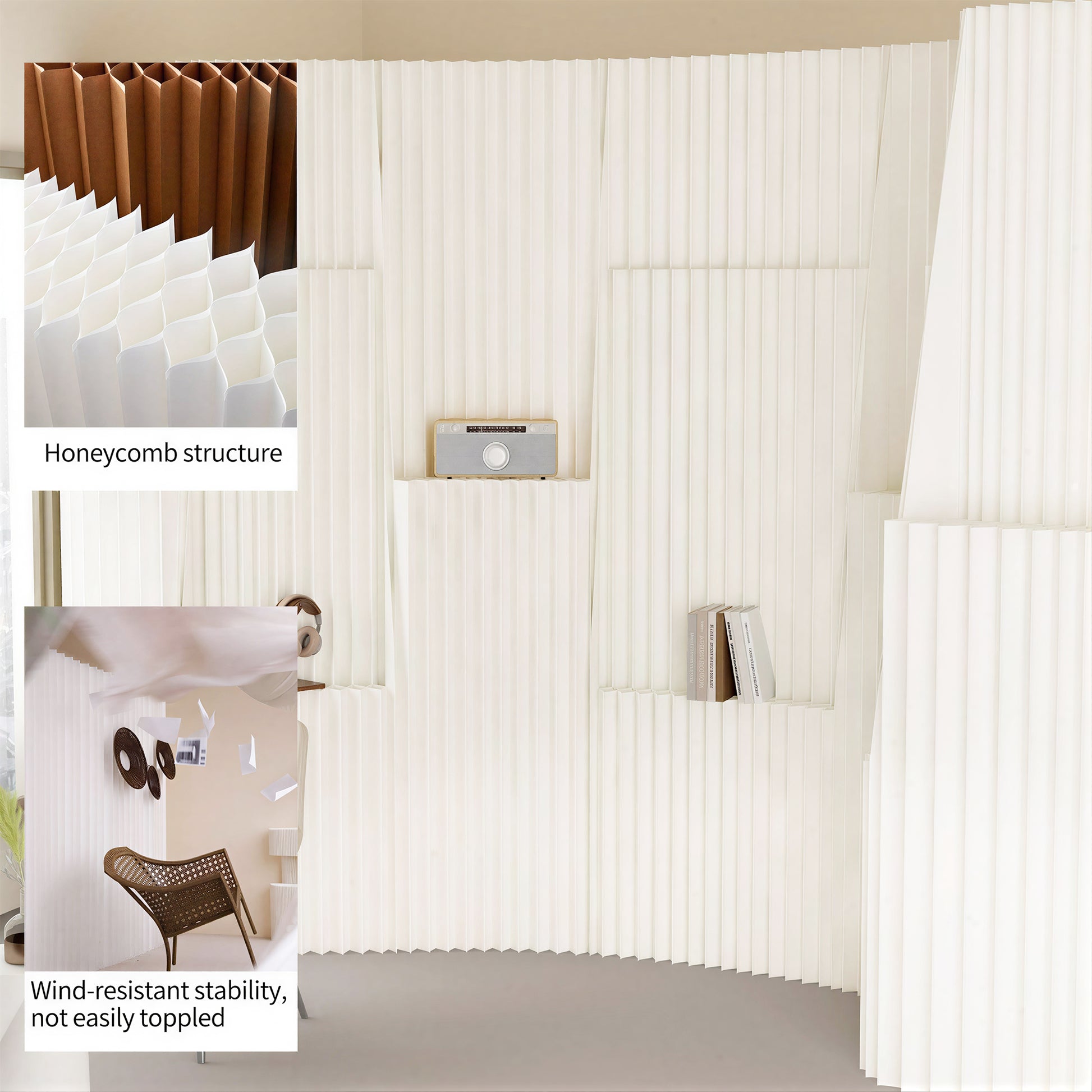Modular Paper Room Divider with Display Shelves in a modern living room