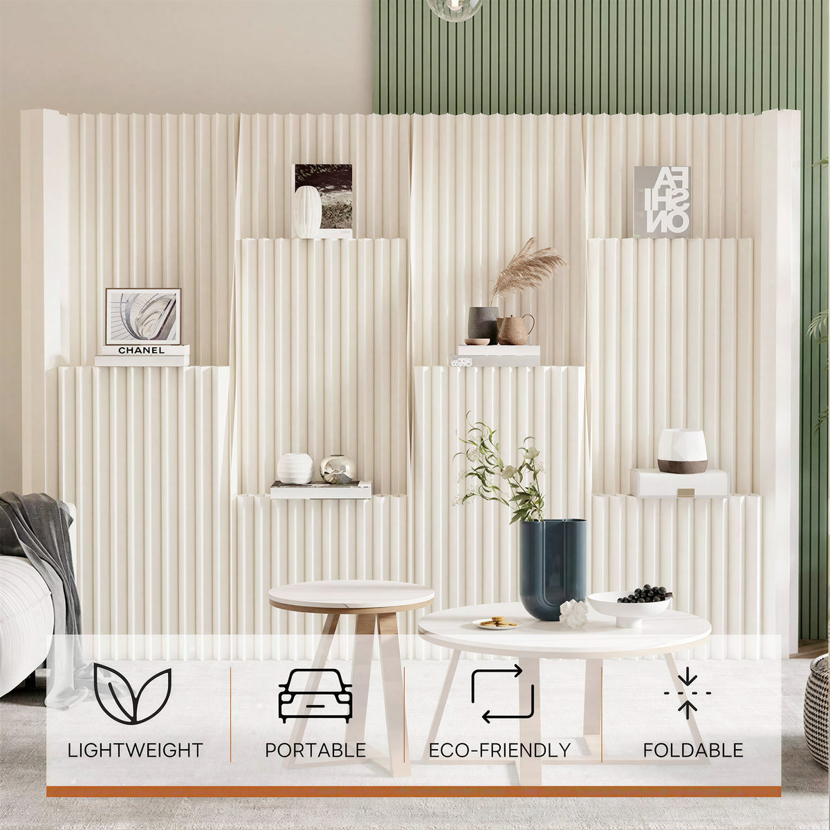 Modular Paper Room Divider with Display Shelves in a retail or exhibition setting