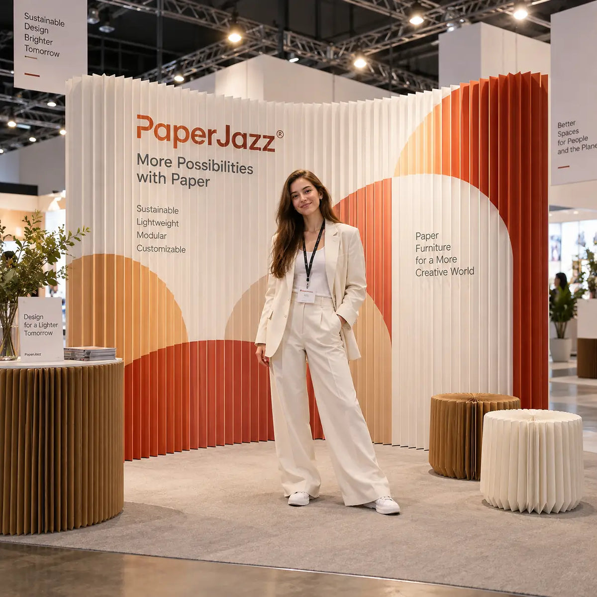 A brand photo wall at an exhibition featuring a curved PaperJazz backdrop and sustainable paper display solutions.