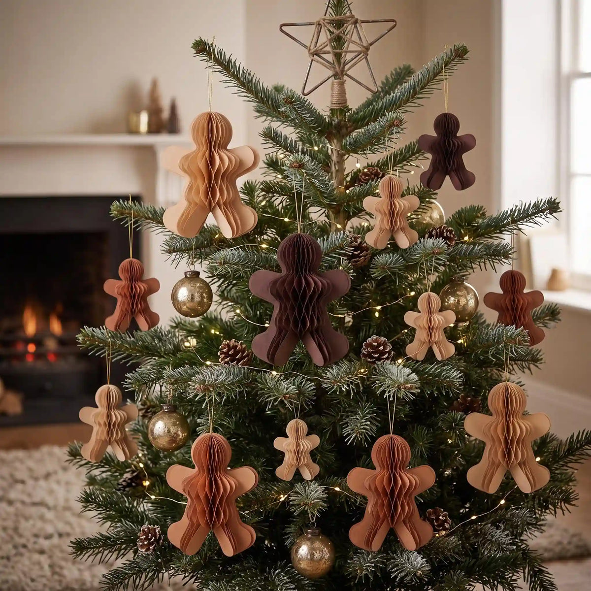 Honeycomb Paper Gingerbread Ornaments on a white background, shown from the front